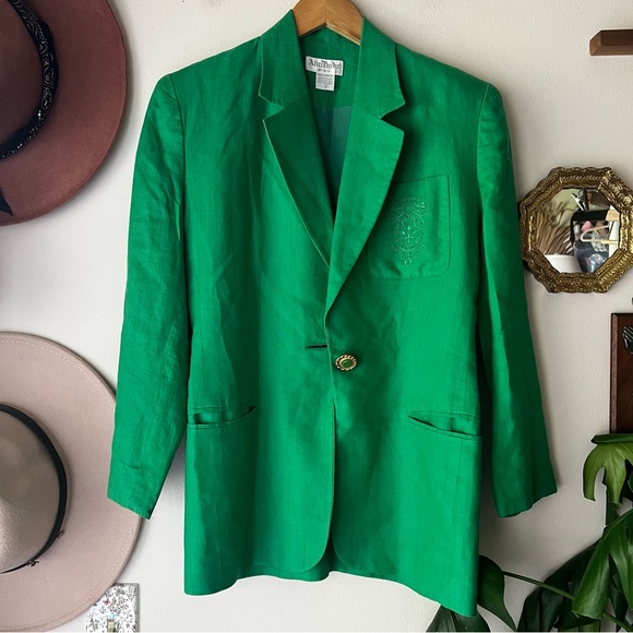 Vintage ANN TAYLOR 100% linen blazer Kelly green Women’s SIZE 2 collegiate crest - Picture 1 of 10